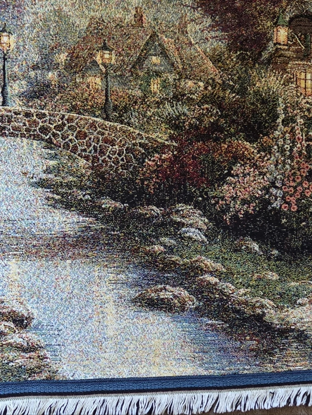 Thomas Kinkade Lamplight Bridge Tapestry Throw Blanket 42 x 62 USA Art Painting